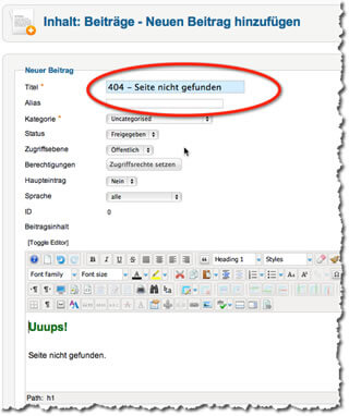 404 - Fehlerseite als Joomla-Beitrag anlegen
