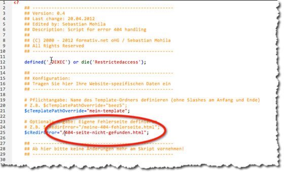 Domainpfad für 404-Seite im PHP-Skript eintragen