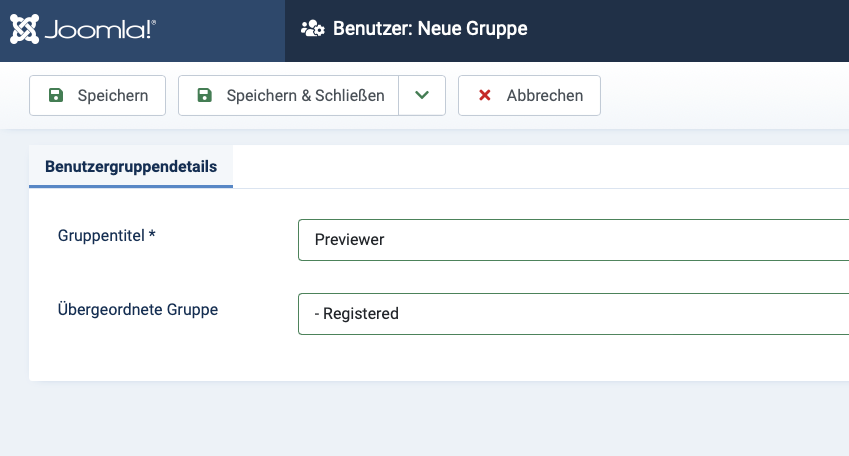 Passwortschutz für Joomla: neue-Benutzergruppe anlegen