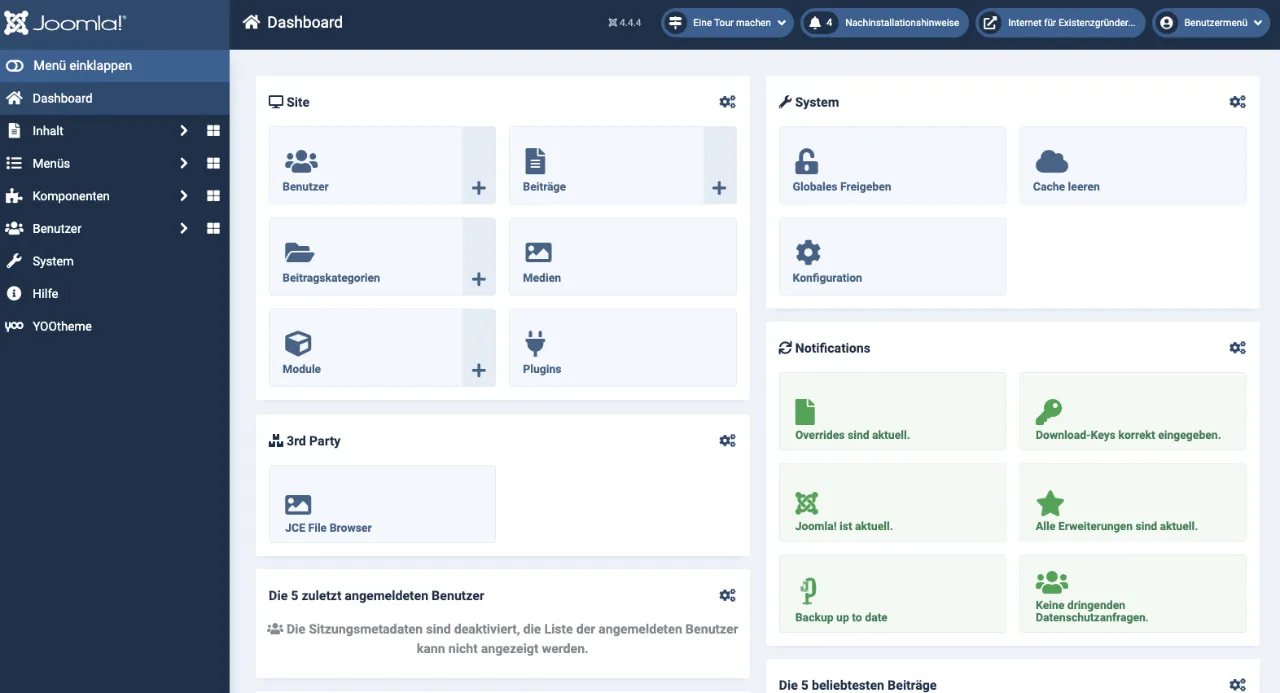 Dashboard im Backend