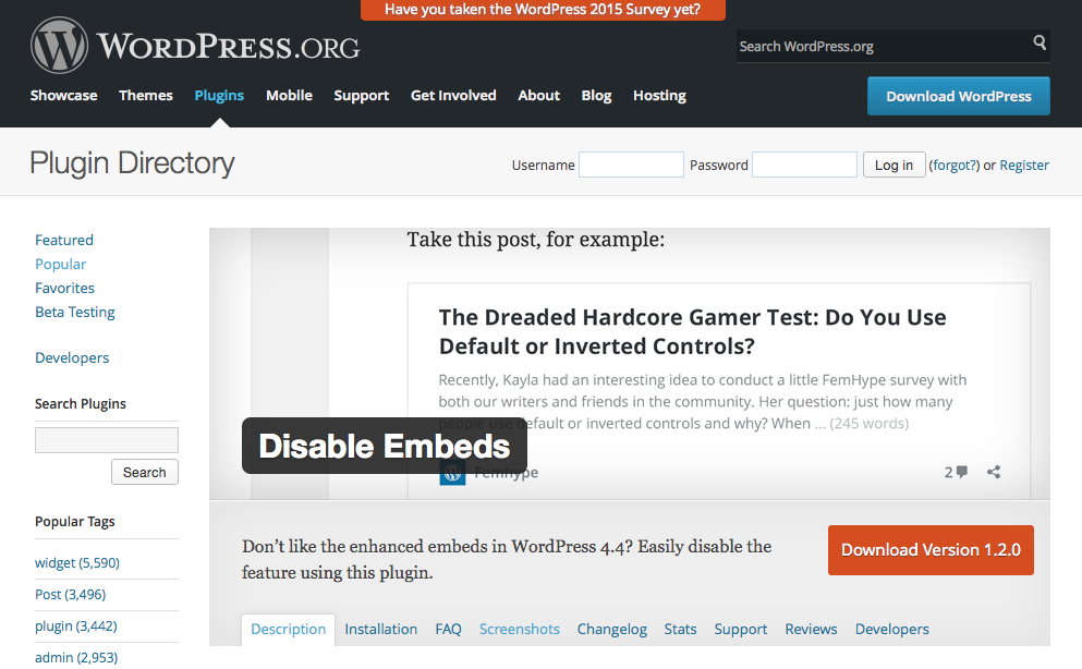 Wordpress: PlugIn Disable-embed
