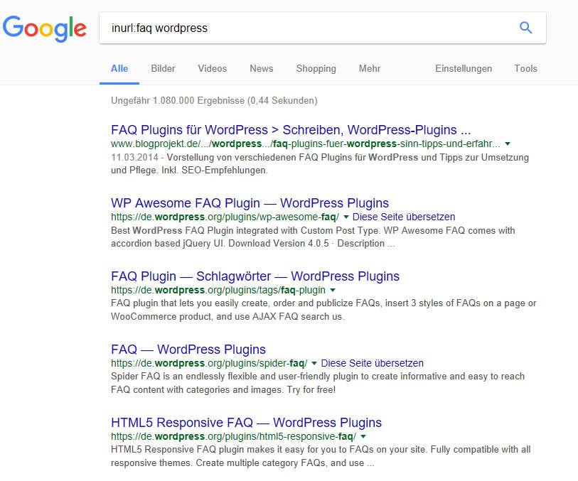 Google InURL-Suche, Beispiel: WordPress FAQ