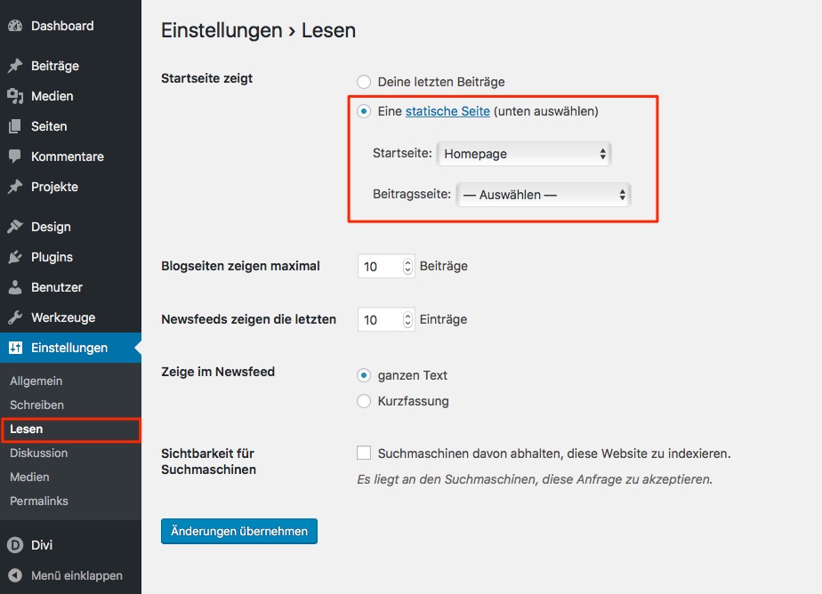 Wordpress: Darstellung der Startseite einstellen