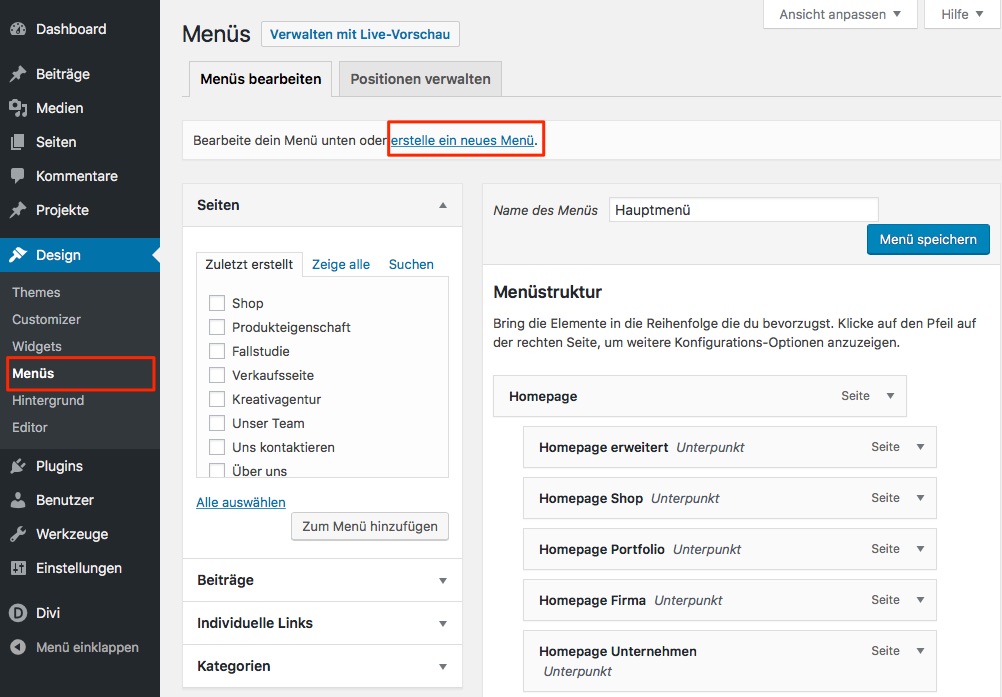 Wordpress: Menü anlegen