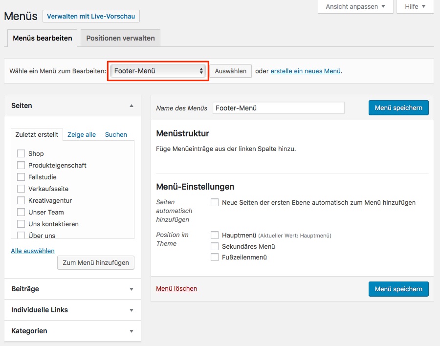 Wordpress: Menüauswahl und Menüs bearbeiten