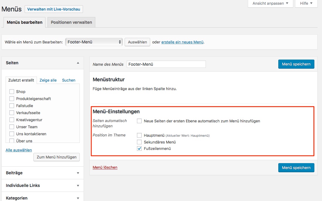 Wordpress: Menüpositionen auswählen