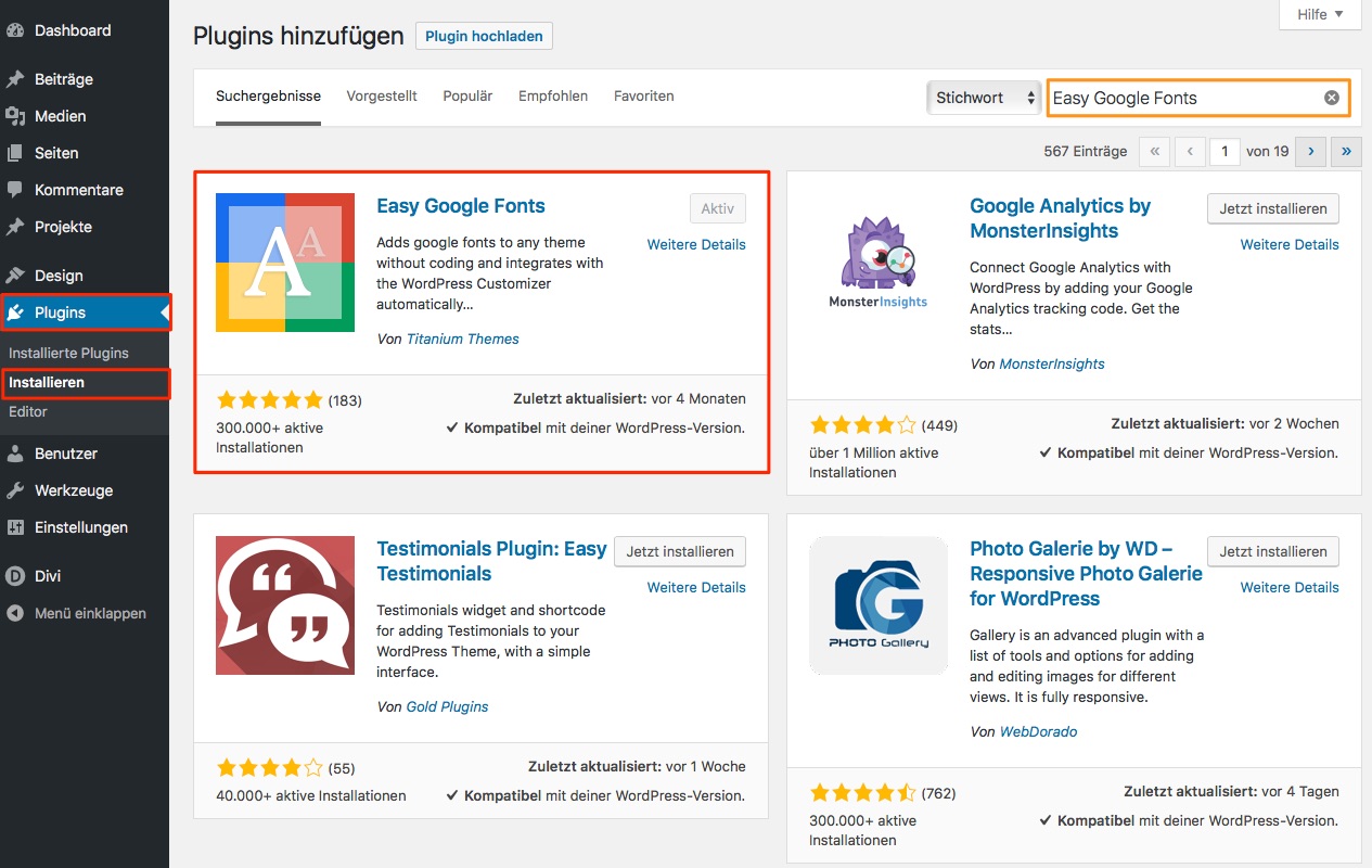 Wordpress: Plugins installieren