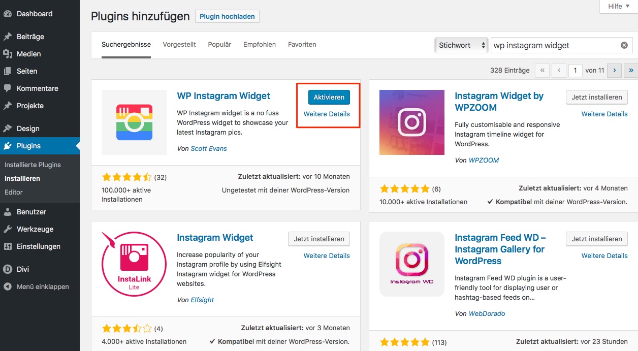 Instagram Plugin aktivieren