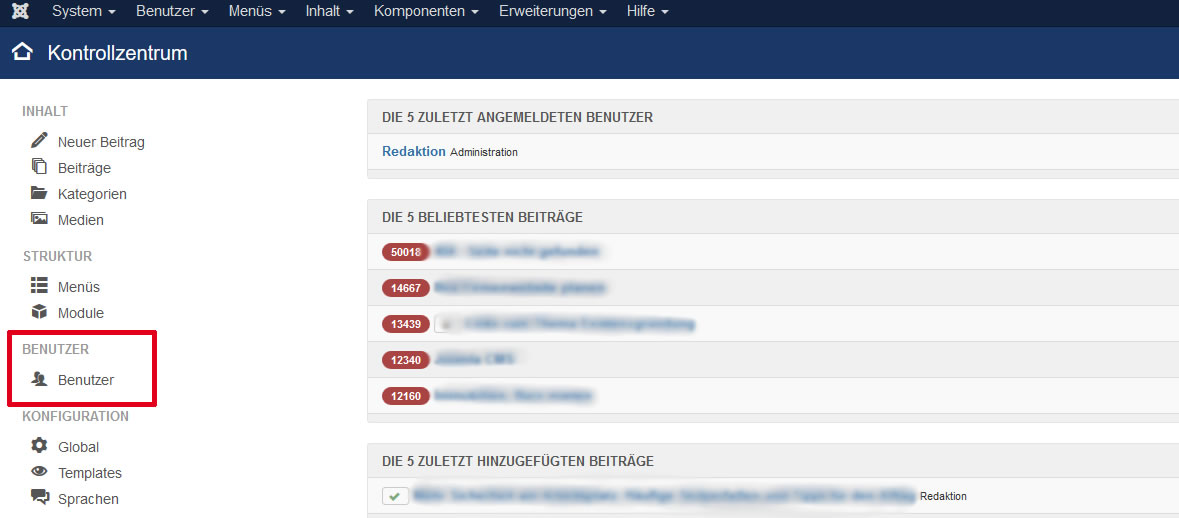 Joomla: Benutzerverwaltung, Benutzer auswählen