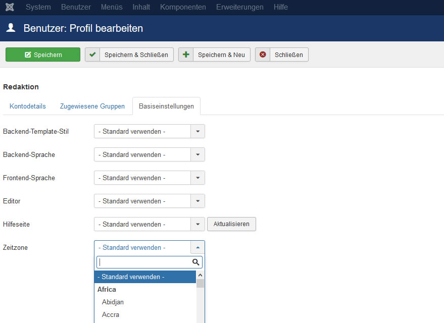 Joomla: Individuelle Zeitzone für Benutzer einstellen