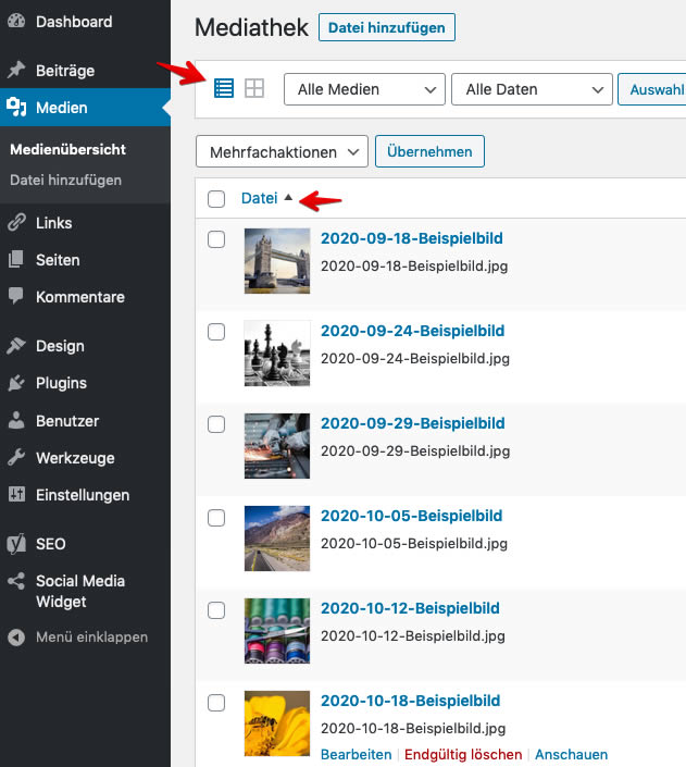 WordPress - Medien und Bilder sortieren