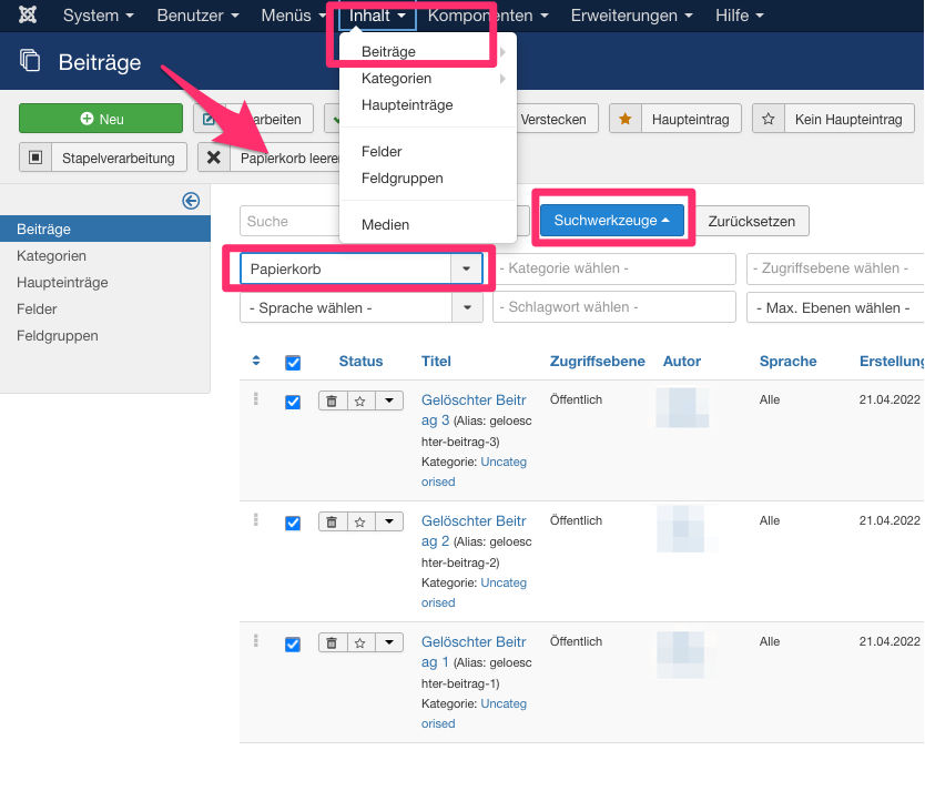 Anleitung: Papierkorb in Joomla leeren