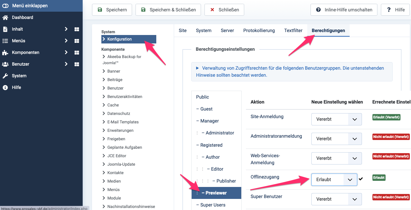 Rechteeinstellung: Konfiguration Joomla-Benutzergruppe