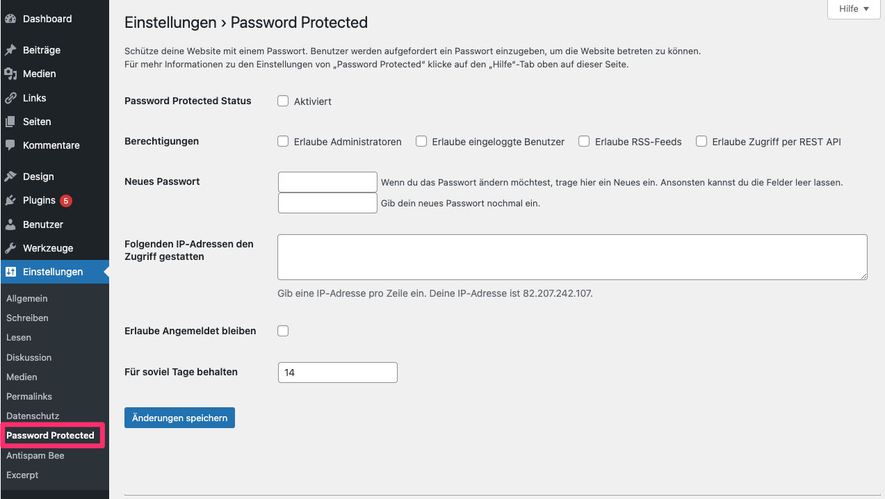 WP-Passwortschutz: Konfiguration