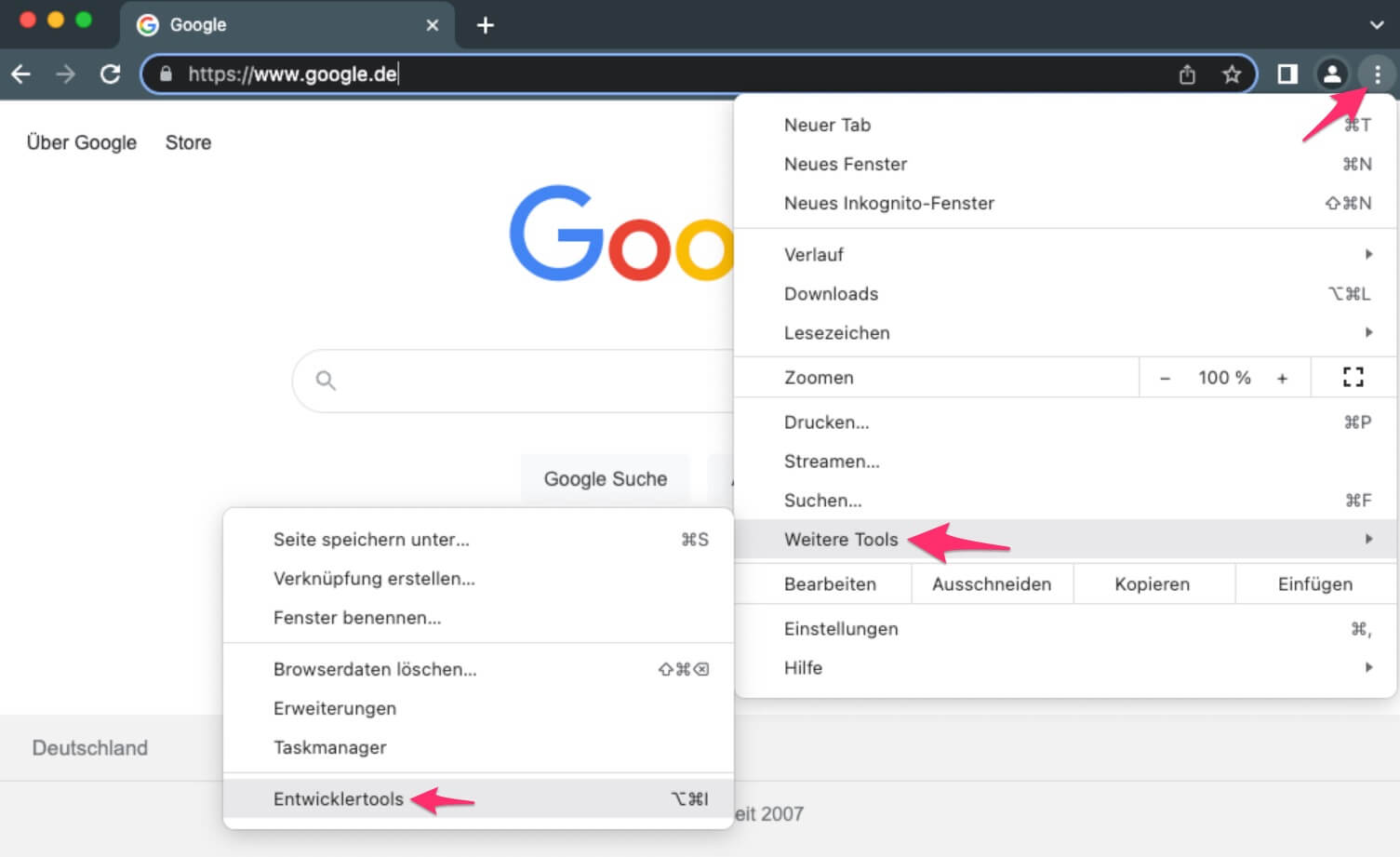 Chrome: Entwicklertools aufrufen